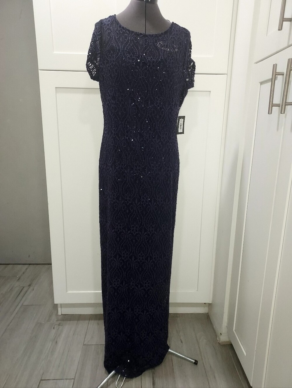 MARINA Navy Sequin Lace Maxi Dress